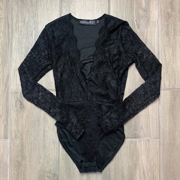 Boohoo Night V Neck Lace Bodysuit Leotard One Piece Long Sleeve Top Black Size 2 - Picture 1 of 6